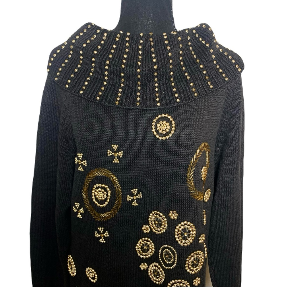 Vintage Victoria Harbour Black Embellished Sweater Tunic Gold Beaded Studded Med - Picture 2 of 6